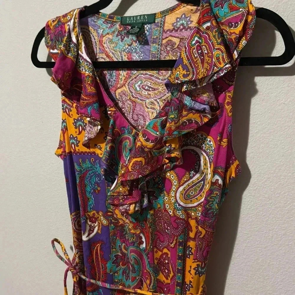 Lauren Ralph Lauren Paisley Dress Womens Small Ruffle Vneck Sleeveless Colorful - Picture 5 of 9